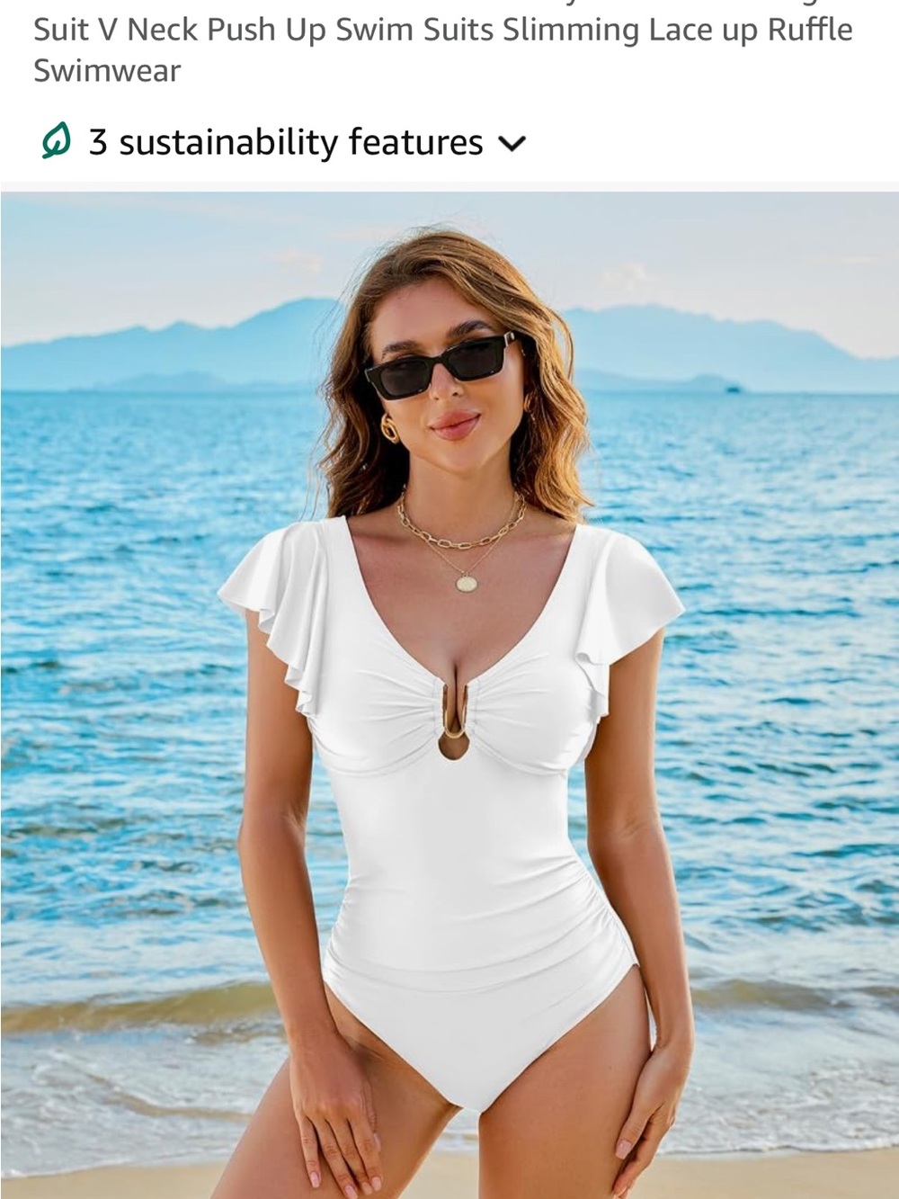 White V-Neck Ruffle One-Piece Swimsuit with Gold Ring